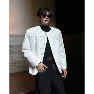 白色cleanfit珍珠小香风毛呢外套短款设计感无领男模穿搭西服夹克