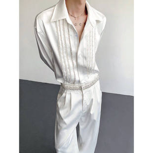 缎面垂感设计感衬衣潮 时尚 春夏轻奢手工珍珠醋酸丝滑亮面男士 衬衫