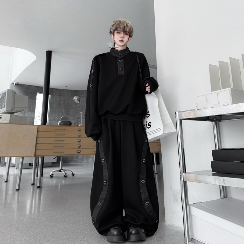 2025秋装暗黑痞帅立领拼接牛仔卫衣套装男高级感阔腿弯刀长裤一套