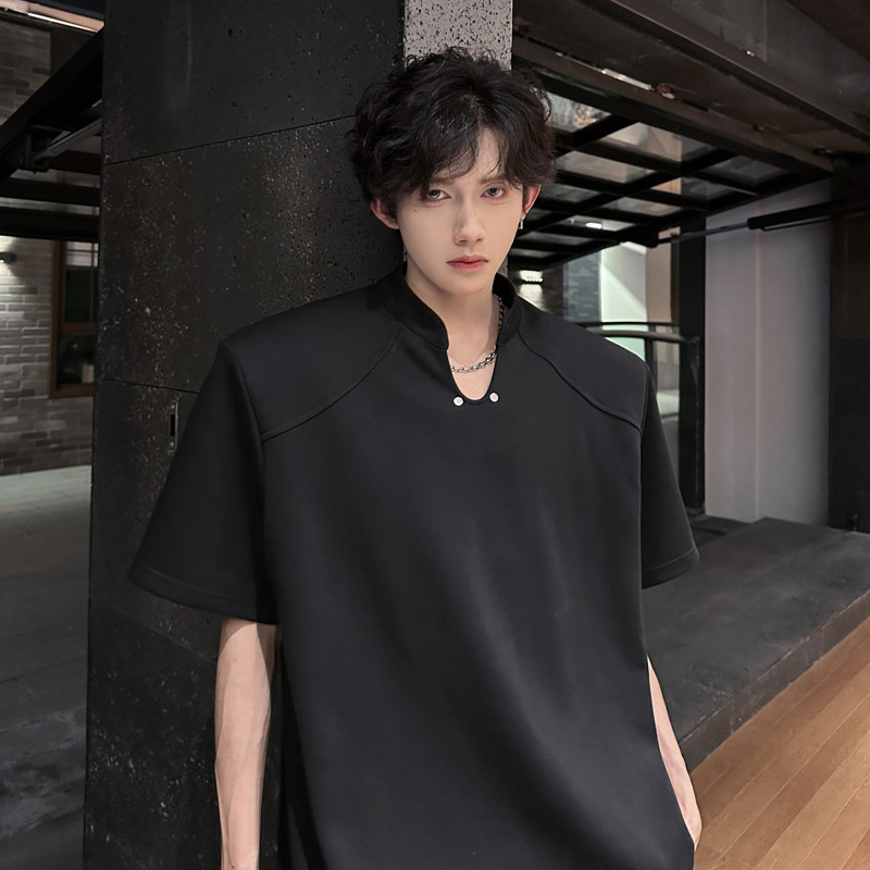 2025夏季重磅t恤男垫肩小众V领宽松半袖上衣纯棉正肩高级感痞帅潮