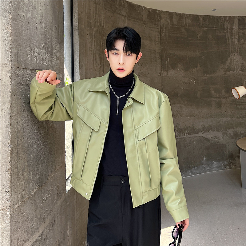 秋冬时尚复古立体裁剪设计PU皮外套男痞帅高级感休闲皮夹克上衣潮