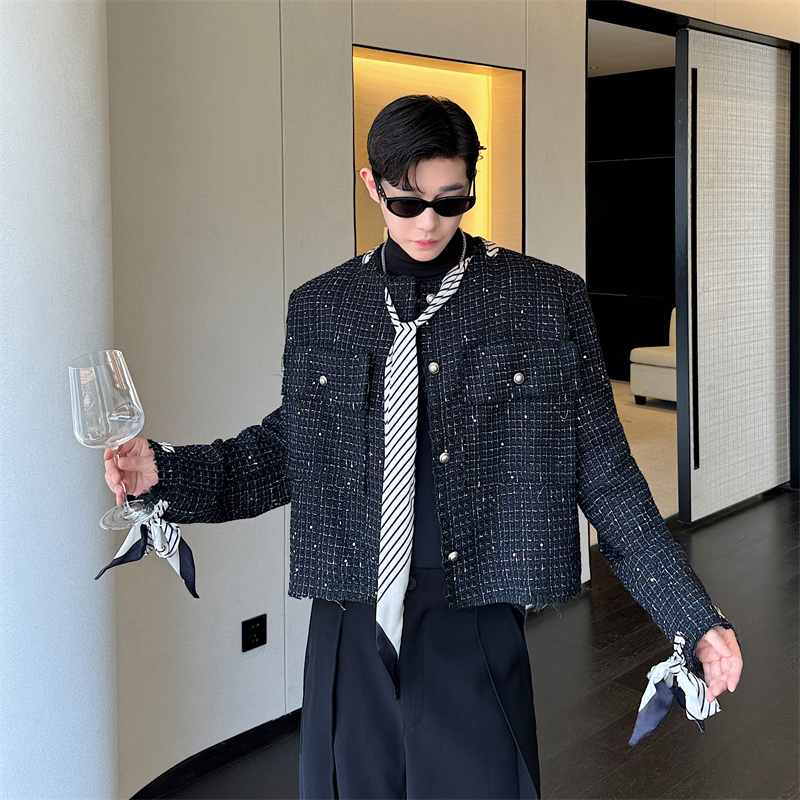 秋装小众格纹丝巾飘带粗呢小香风外套男毛边设计痞帅高级感短夹克