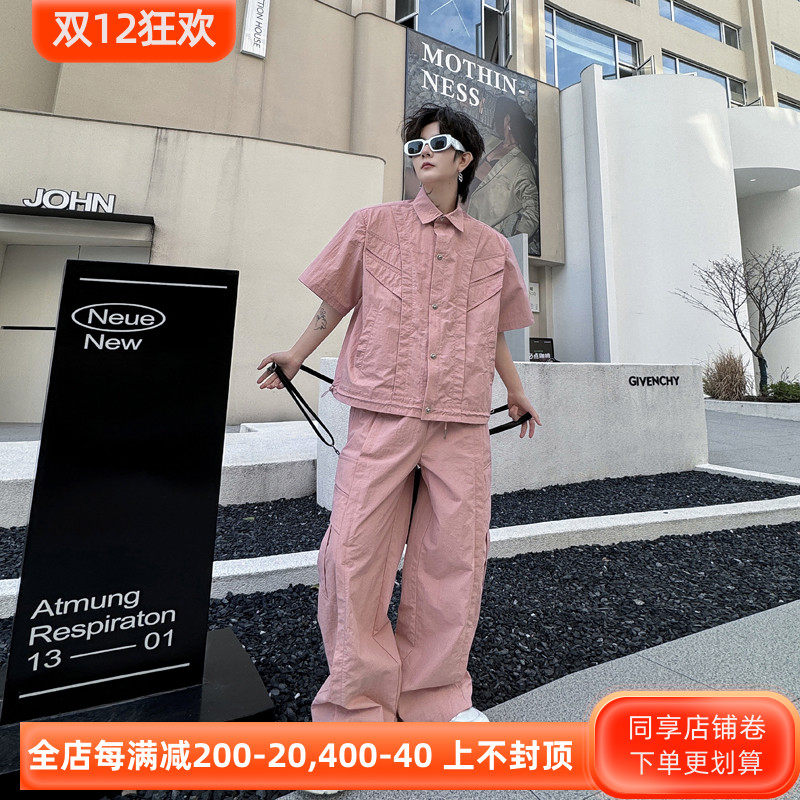 여름 틈새 주름 구조 분할 반팔 재킷 정장 남성 디자이너 작업복 넓은 다리 바지 투피스 트렌디 세트