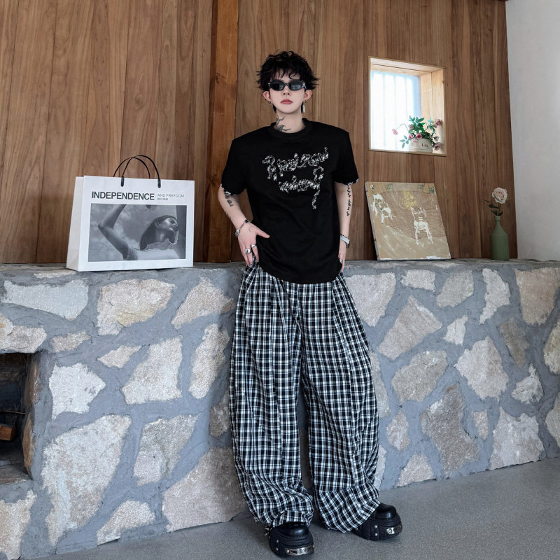 夏装美式复古拼接格子重磅短袖T恤男搭配阔腿长裤痞帅网红两件套