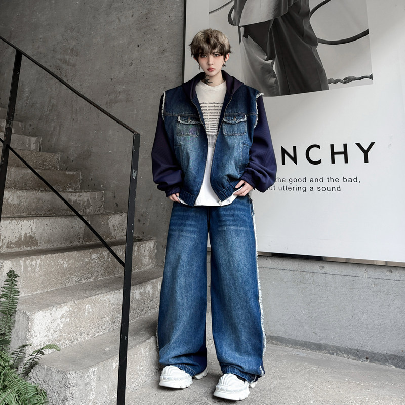 秋装复古时尚卫衣撞色拼接连帽牛仔夹克外套男设计感长裤痞帅套装,男装,时尚套装,淘宝优惠券,粉丝福利购,淘宝优惠卷