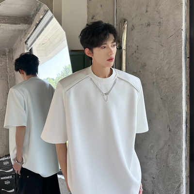 夏季小众金属项链设计感重磅上衣垫肩T恤男短袖解构设计半袖t恤潮