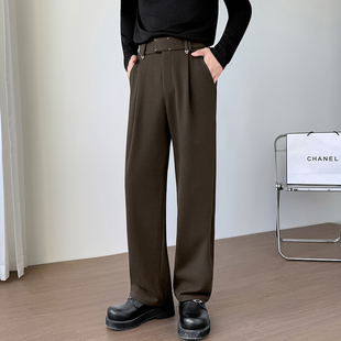 2025秋冬重磅魔术贴刺绣压褶设计毛呢西裤休闲裤男咖色老钱风裤子