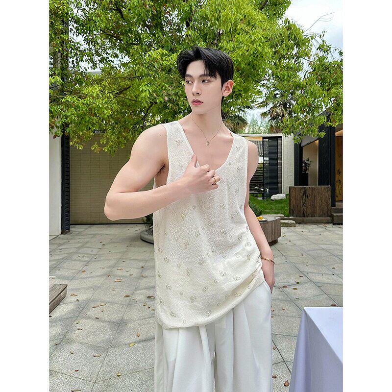 夏季重工钉珠装饰无袖背心男上衣时髦走秀款设计感坎肩打底衫时尚
