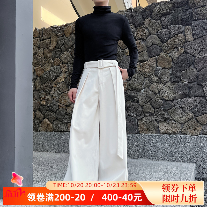 秋冬时髦阔腿裤男休闲腰带设计毛呢西装裤中高腰韩版直筒拖地长裤