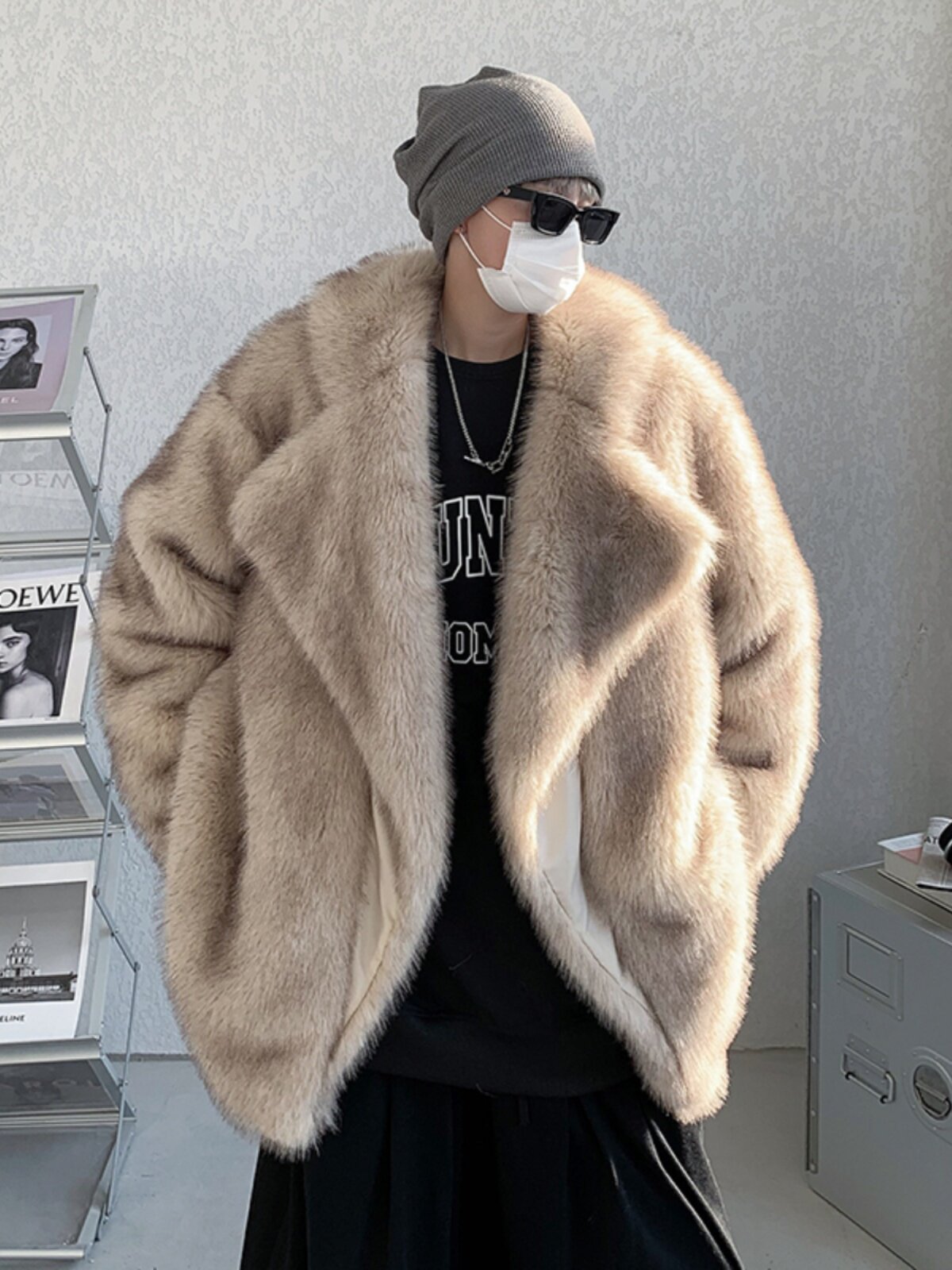 겨울 의류 고급스럽고 두꺼운 모피 올인원 모조 여우 모피 중간 길이 모피 코트 남성용 루즈한 코튼 재킷