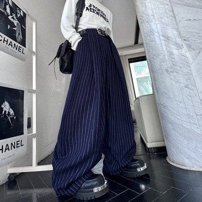 秋季复古藏青色条纹阔腿裤男装时尚痞帅西裤高级感弯刀裤拖地长裤