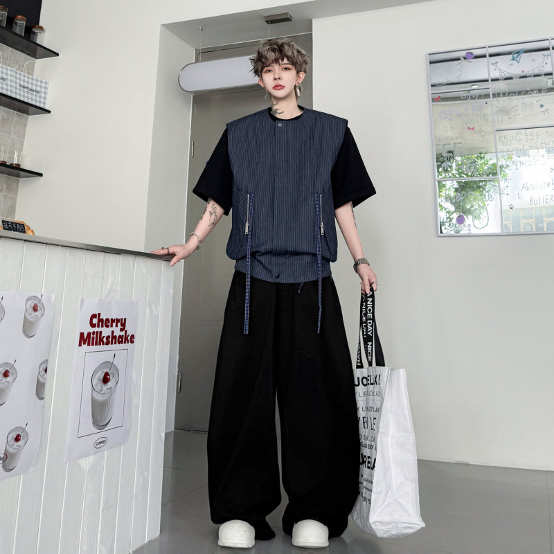 夏装复古坎肩坚条纹开衫马甲套装男阔腿卫裤美式高街痞帅高级感潮