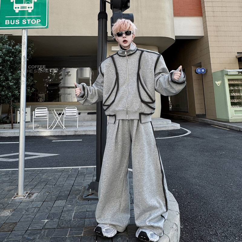 春装美式高街立领手绘描边设计感卫衣套装男垫肩休闲阔腿拖地长裤,男装,休闲运动套装,淘宝优惠券,粉丝福利购,淘宝优惠卷