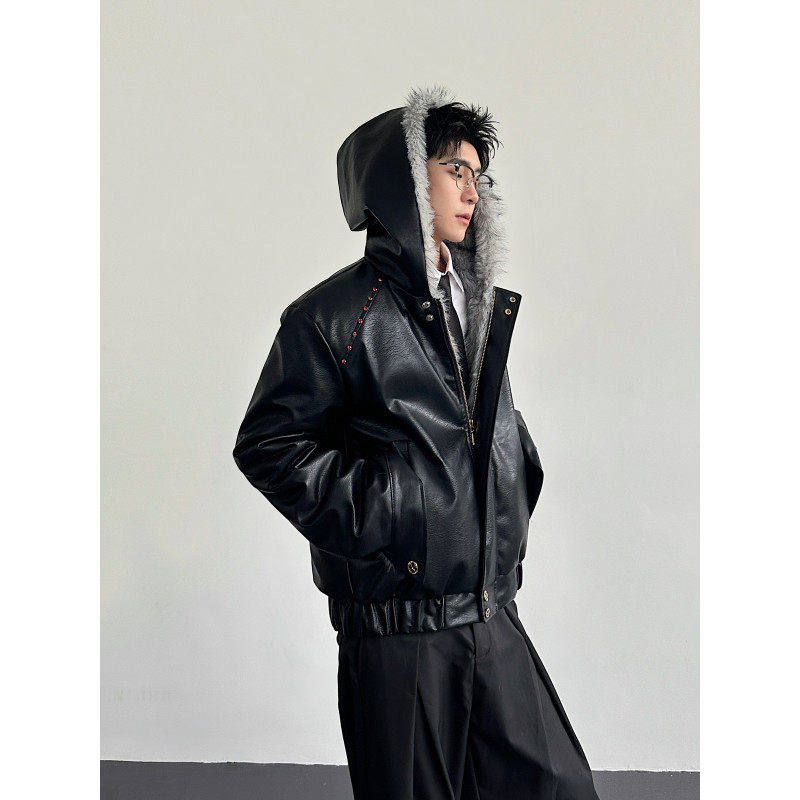 冬季高级脊煞里布毛绒连帽座山雕男皮毛一体加绒皮夹克棉服外套潮