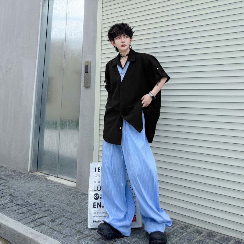 夏装cleanfit韩系穿搭撞色宽松短袖衬衫廓形男条纹阔腿长裤假两件