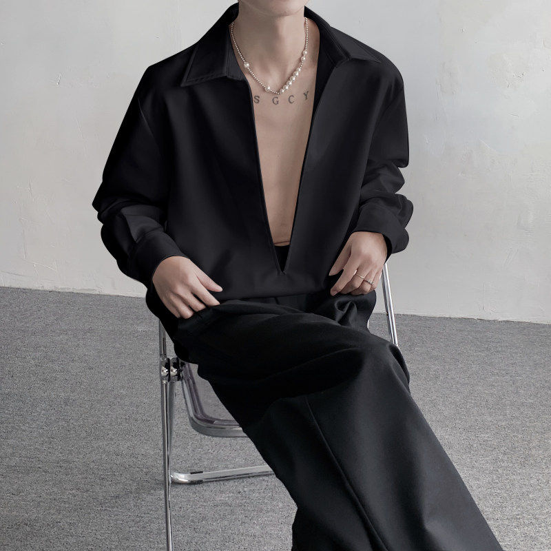 禁欲系雅痞深V领长袖衬衣男炸街冷淡风小众设计感时尚夜店舞台装