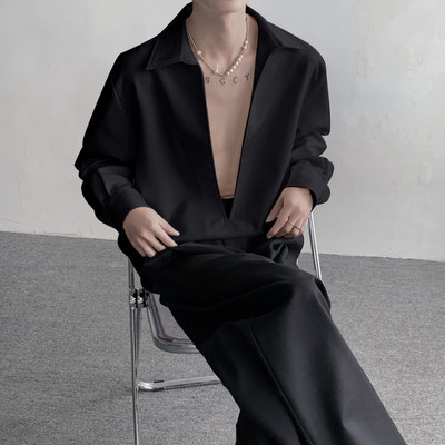 禁欲系雅痞深V领长袖衬衣男炸街冷淡风小众设计感时尚夜店舞台装