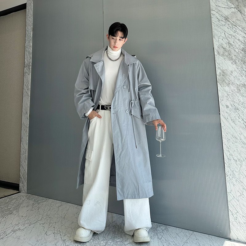 2025秋冬韩版老钱风休闲双排扣廓形抽绳收腰可拆卸帽子风衣男外套