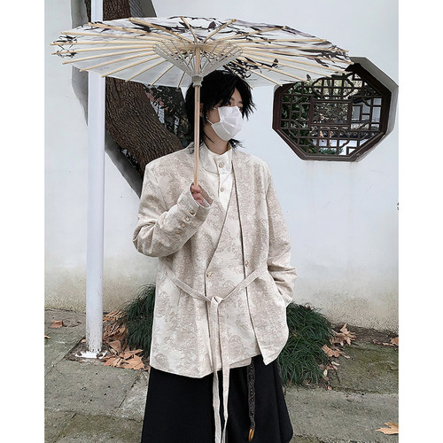 法式复古新中式侘寂风西装高级感亚麻提花西服外套假两件上衣设计