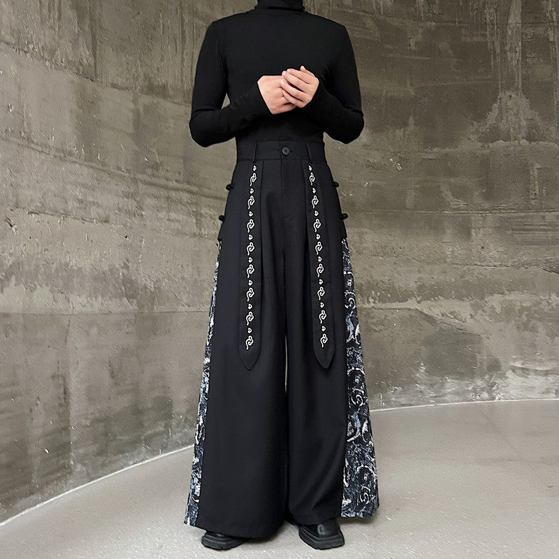 秋季新中式个性拼接印花阔腿裤男女款中国风刺绣小众飘带复古裙裤