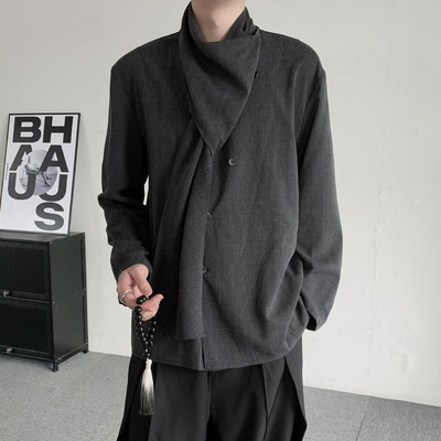 秋装2025新中式法式复古围脖衬衣男士简约无性别穿搭衬衫发型师潮