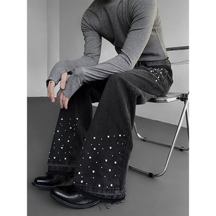 美式高街潮牌宽松直筒黑色cleanfit牛仔裤男重工珍珠装饰微喇长裤