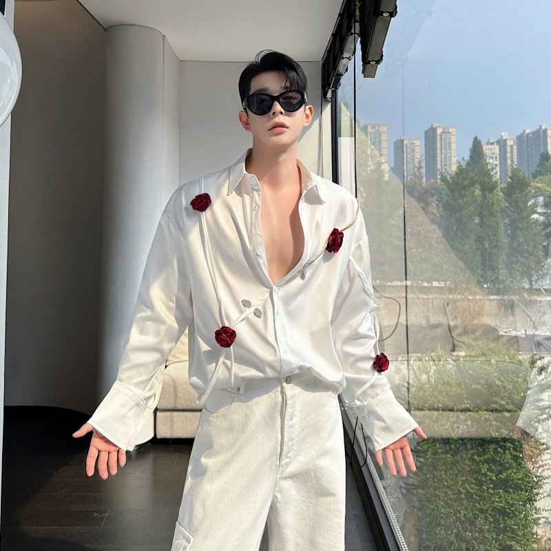 秋季小众立体玫瑰花设计感长袖衬衫男女气质网红丝滑垂感衬衣韩版