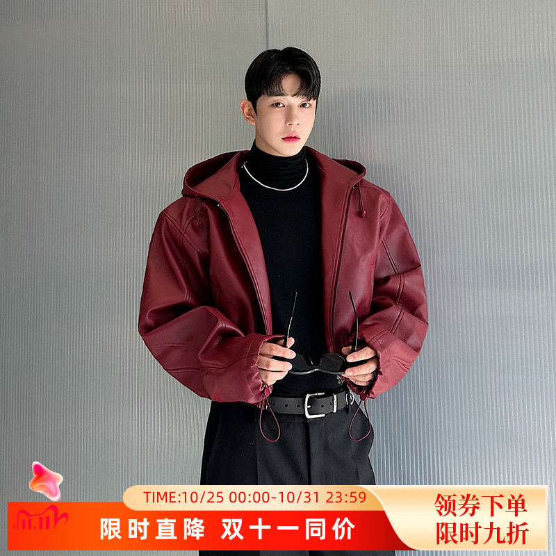 小众设计师美式复古松紧衣摆连帽短款皮衣痞帅高级感机车夹克外套