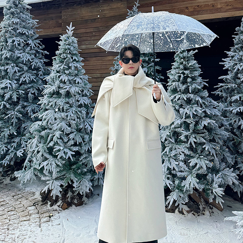 秋冬款韩国重磅气质毛呢大衣男外套高级感宽松长款过膝含披肩围脖