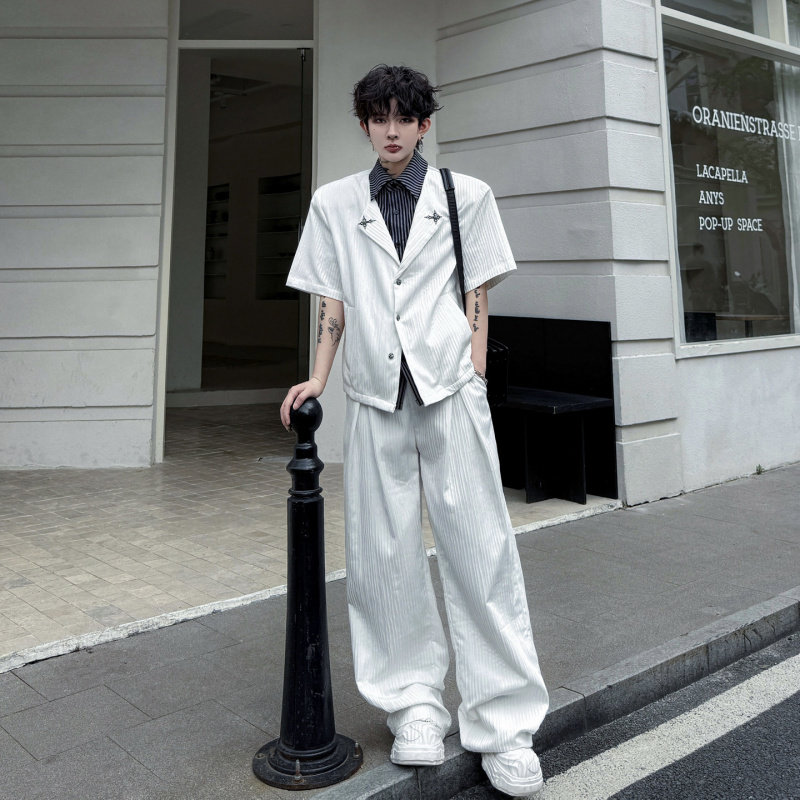 2026夏装韩系假两件拼接衬衫套装男条纹设计高级感阔腿长裤两件套