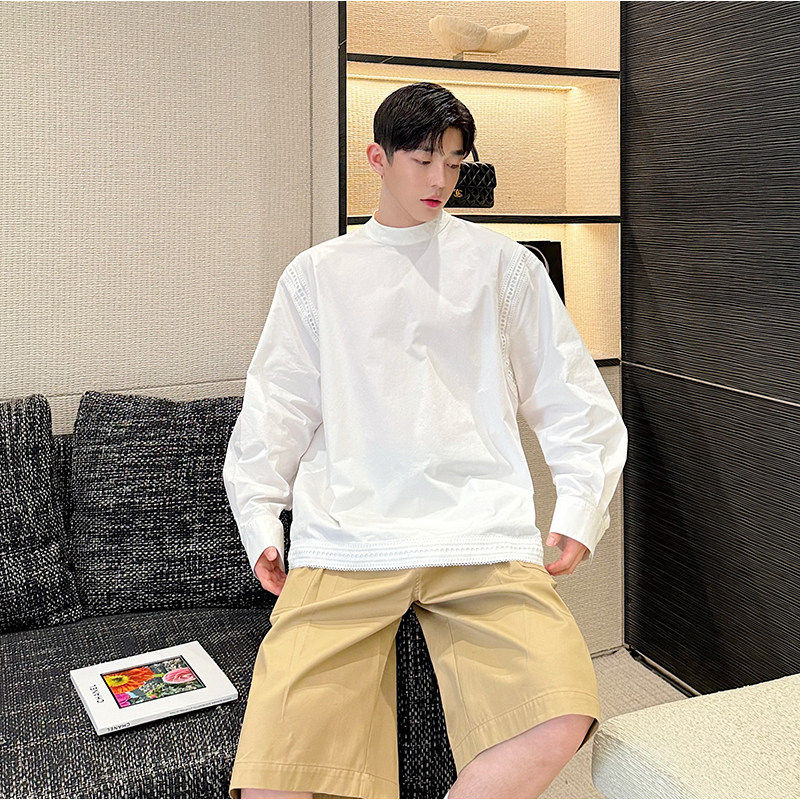 夏季法式织带拼接设计感衬衫男长袖韩版宽松纯棉小香风气质衬衣潮