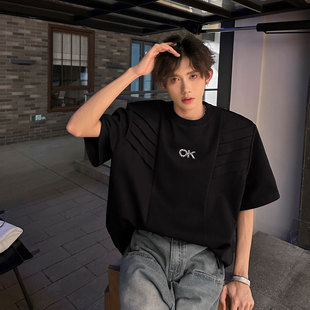 夏季高级感垫肩短袖T恤男美式上衣韩版宽松痞帅设计感重磅半袖t恤