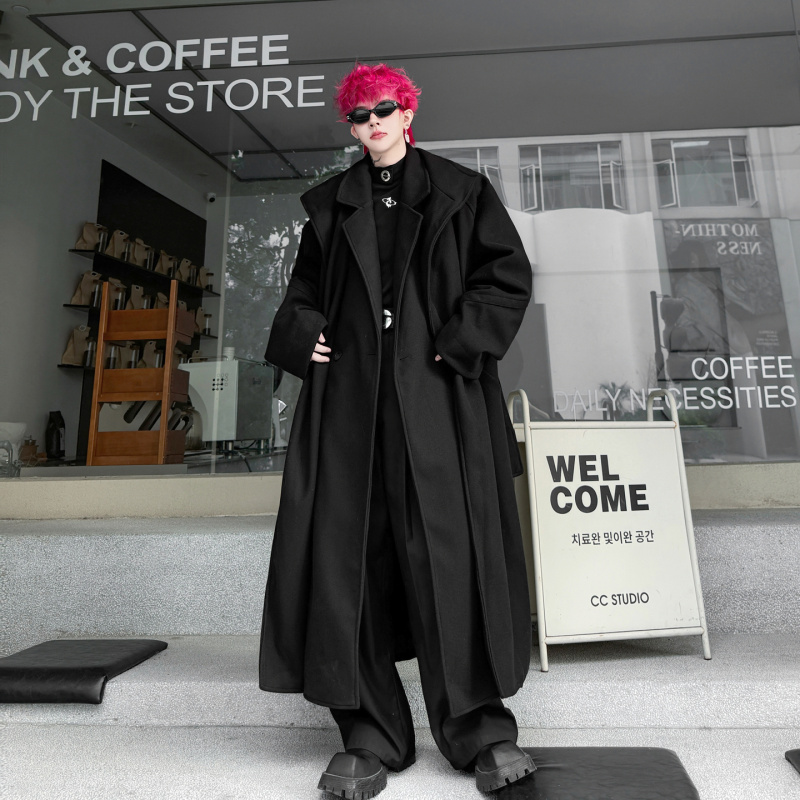 冬季高级感毛呢大衣男韩系假两件拼接宽松中长款过膝加厚呢子外套