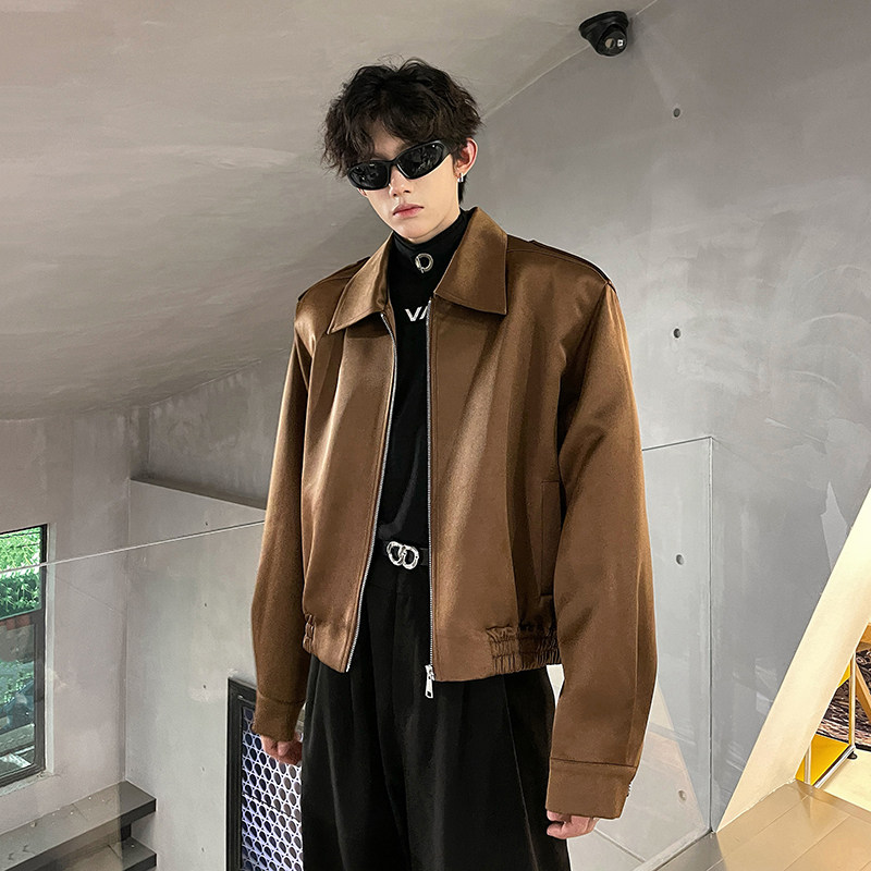 秋季复古雅痞绸缎皮衣痞帅老钱风外套男高级感垫肩上衣短款夹克潮