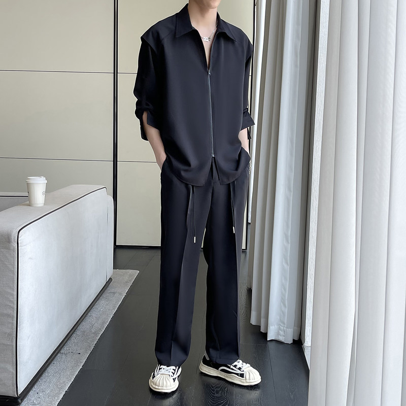 冰丝痞帅调节长短袖衬衫套装男