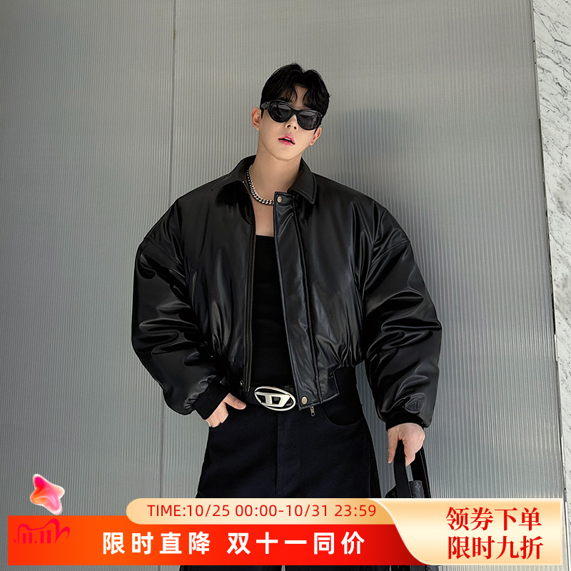 冬装重磅廓形痞帅高级感短款加厚棉服外套男cleanfit炸街PU皮棉衣