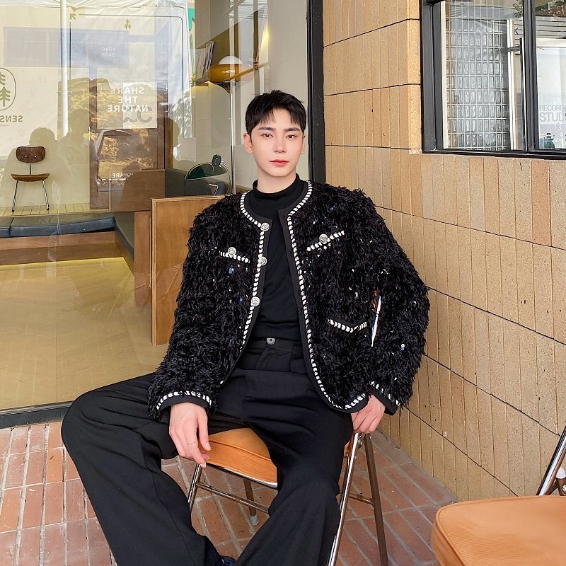 秋冬潮流羽飞毛亮片加厚外套男韩版痞帅高级感小众时尚小香风夹克