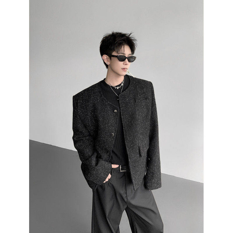 麻灰色小香风短款外套男轻奢高级感男模穿搭上衣痞帅垫肩毛呢夹克,男装,毛呢大衣,淘宝优惠券,粉丝福利购,淘宝优惠卷