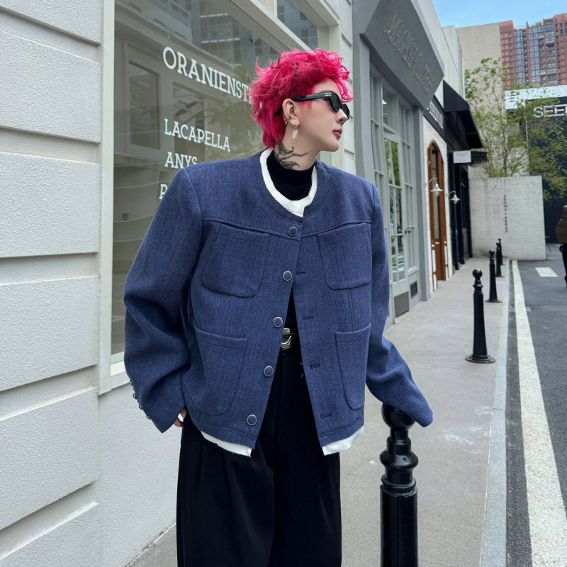 冬装拼色多口袋无领加棉加厚西装男设计感时尚小香风短款西服外套