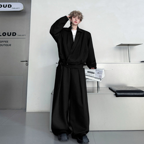 2025秋季复古禁欲系大V领翻领活褶夹克套装男搭配阔腿长裤两件套
