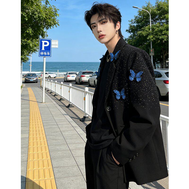 春秋小众满天星烫钻立体蝴蝶装饰高级感黑色西装外套痞帅演出西服