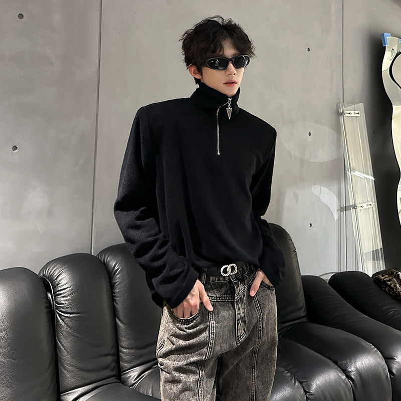 秋冬半拉链设计高领垫肩t恤男长袖韩版痞帅毛圈面料厚T恤打底衫潮