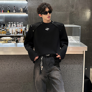 秋季垫肩设计高街肌理感长袖T恤男金属解构潮牌高级感痞帅卫衣男