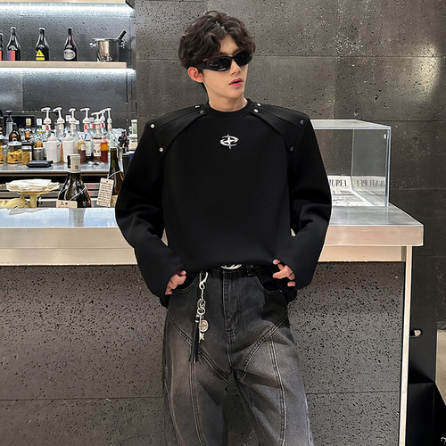 秋季垫肩设计高街肌理感长袖T恤男金属解构潮牌高级感痞帅卫衣男