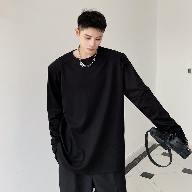秋季ins复古轻熟风长袖T恤男垫肩卫衣韩版宽松纯色痞帅网红打底衫