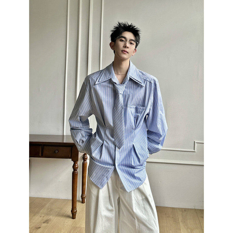 春夏韩系清新纯净条纹鱼骨收腰领带双领衬衫男长袖设计师款衬衣潮