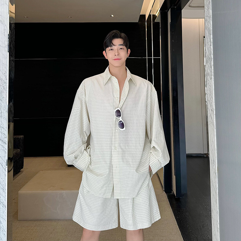 24SS 초가을 디자인 수직 컷 오버 사이즈 프로필 체크 무늬 셔츠 정장 남성 반바지 게으른 스타일 투피스 트렌디 세트