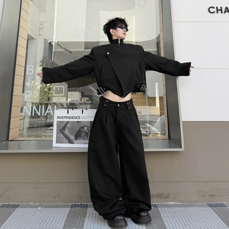 2026秋装小众解构斜襟立领短款夹克套装男设计感阔腿长裤两件套潮