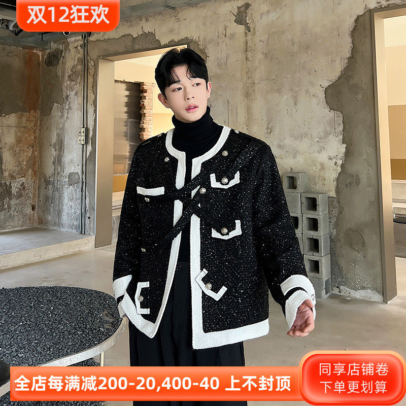 틈새 흑백 대비 색상 구조 디자인 칼라가 없는 작은 향기 재킷 남성 스타일의 고급 스팽글 모직 양복