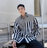 轻奢不对称衬衫 秋季 ins网红简约条纹拼接设计感衬衣男韩版 发型师